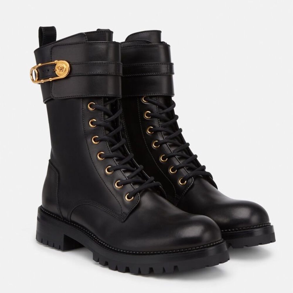SOLD🚫VERSACE Leather Safety Pin Combat Boots, 40 10 - Picture 1 of 13